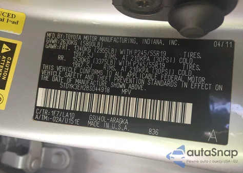 2011 Toyota Highlander Limited V6 z USA, uszkodzony, nr VIN 5TDYK3EH2BS044918